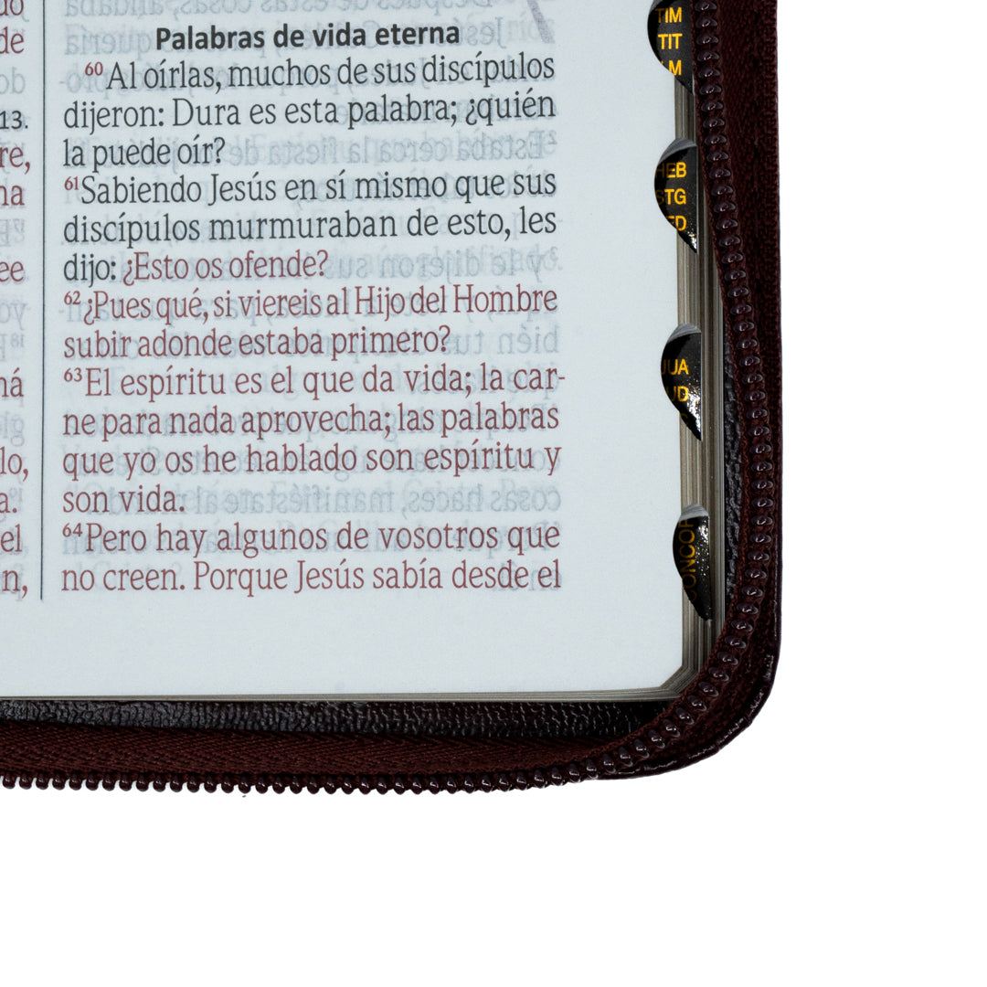 Biblia vinotinto en tamaño y letra Mini con cremallera e índice (versión de lujo)