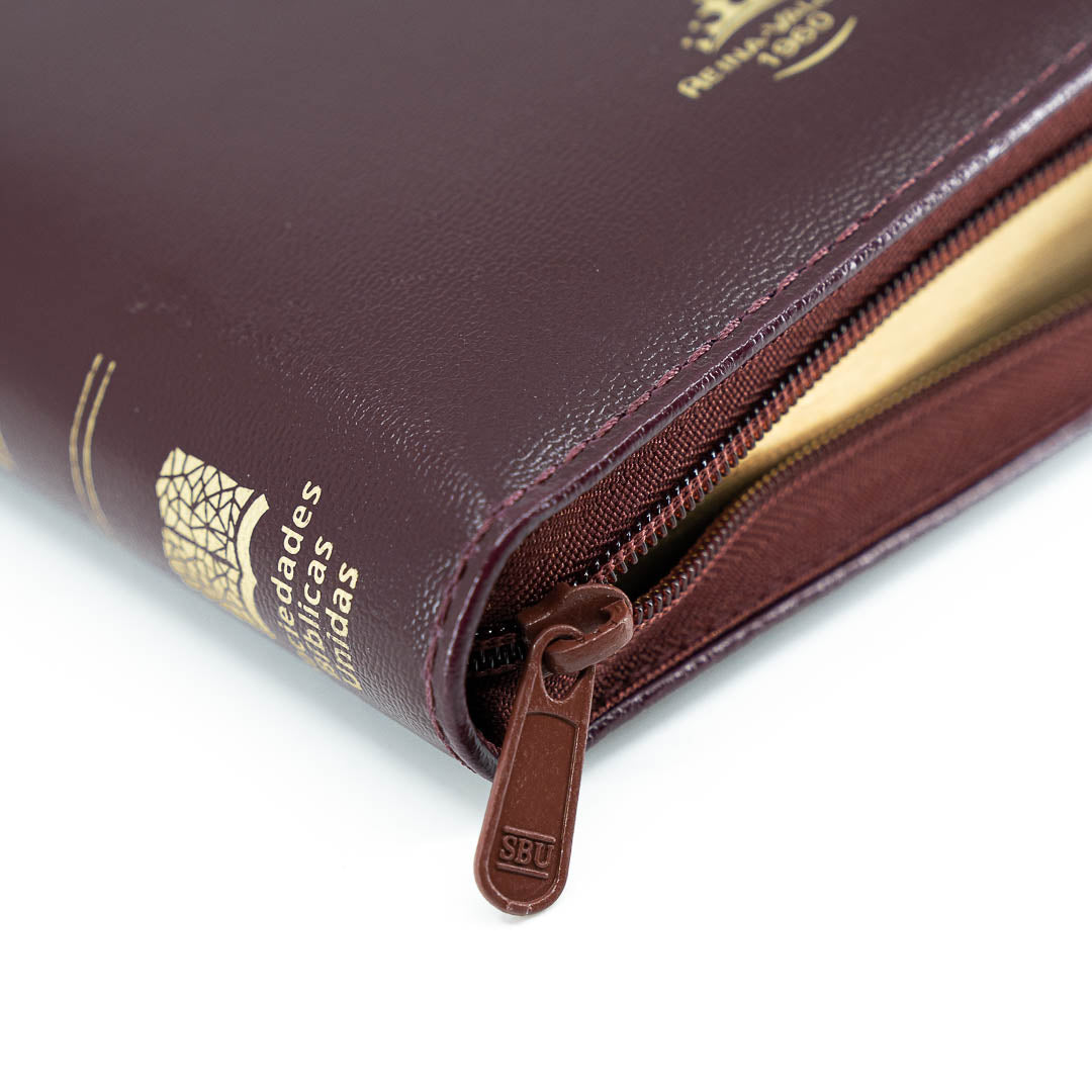 Biblia vinotinto en tamaño y letra Mini con cremallera e índice (versión de lujo)